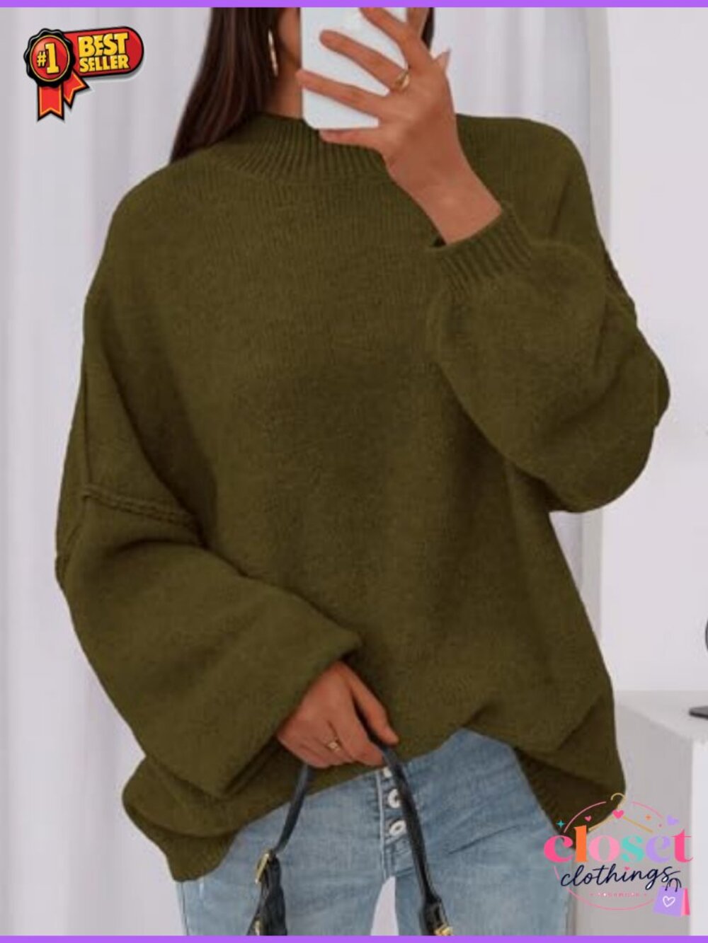 Oversized Chunky Knit Mock Neck Pullover Sweater Long Sleeve - Picture 3 of 6